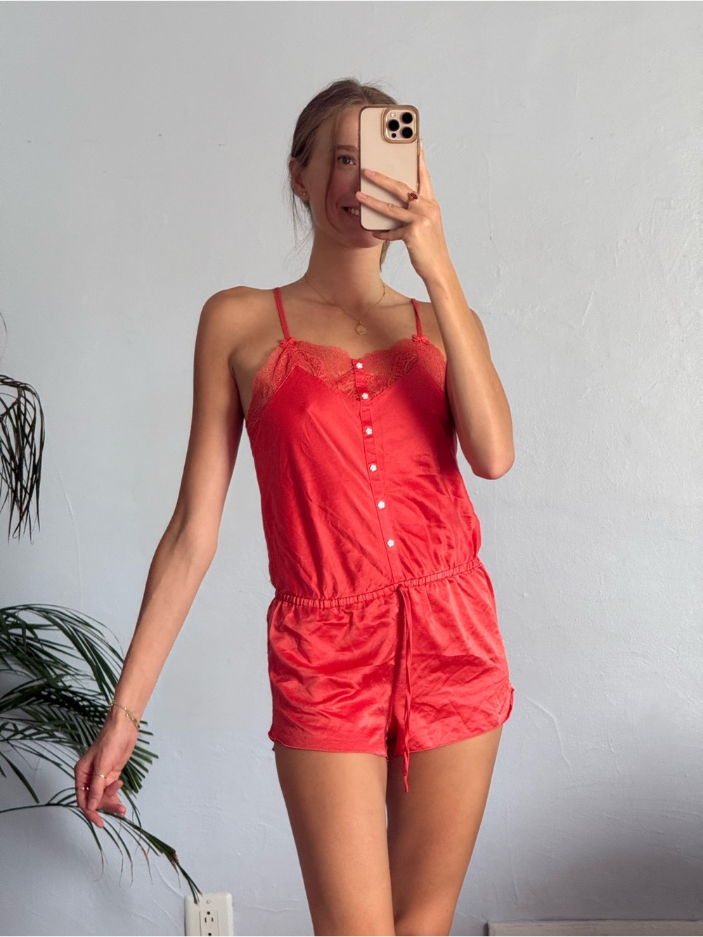 Lace-Trim Satin Red Romper Pajama - Women's Sleepwear